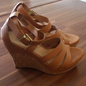 UGG Tan Leather Wedge Sandals, 8.5
